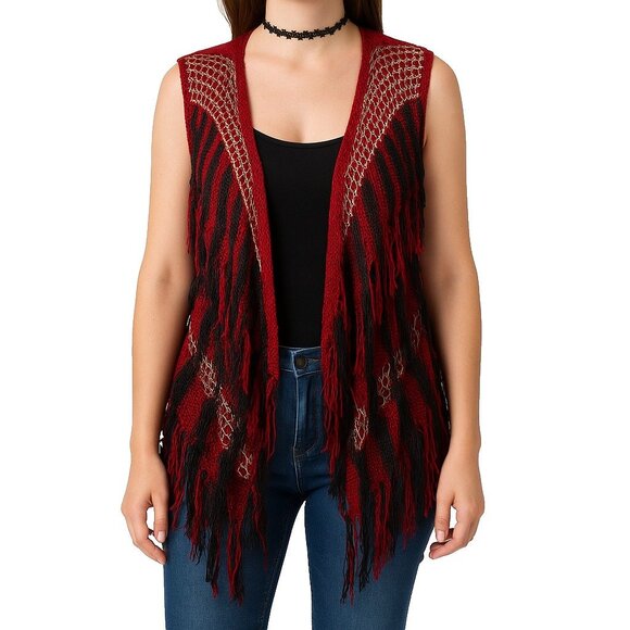 Mechant L Red Black Fringe Crochet Vest Boho Sleeveless Open Front Festival - Picture 1 of 13
